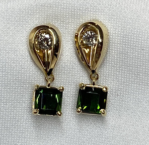 14k Gold Earrings w/ Diamonds and Tourmaline