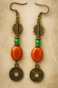 Earrings, Jade Flower, Fire Agate & Brass