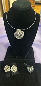 Silver Rose Necklace, Earrings, and Ring Set