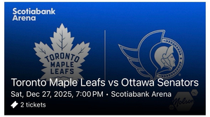 Maple Leafs vs Senators 2 Tickets: Sat. Dec. 27th