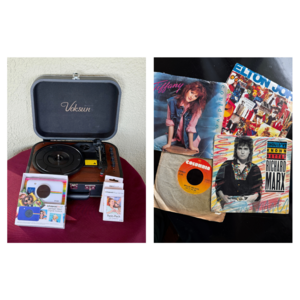 Retro Basket with Record player for 45s + Polaroid