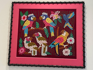 Vibrant Tropical Birds Tapestry in Carved Frame