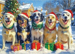 Five Dogs in Santa Hats 1000 pc Jigsaw