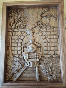 Through the Tunnel: Hand-Carved Walnut Steam Train