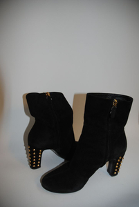 Gucci Black Gold Studded Block Heel Suede Boots