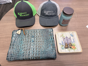 Blue Bag (maybe?), Ceramic Plate, Candle, & Hats!