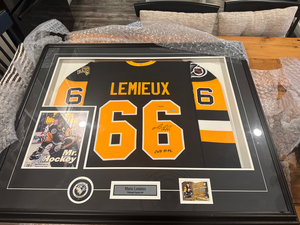 Framed Autographed Mario Lemieux Hockey Jersey