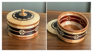Hand turned inlaid wood container by Ron Thomas