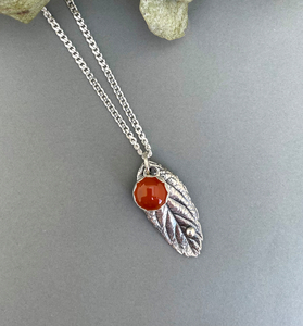 Silver Leaf Necklace with Carnelian Stone