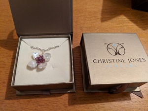 Keishi pearl garnet and sterling dogwood flower necklace s300