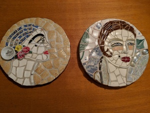 Two Handmade Mosaic Women's Faces Wall Pieces