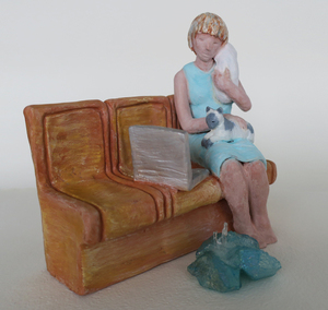 Woman with her family and crystalline energy source from unexpected subway living series 2018. jordan maclachlan. fired clay glass paints. s300