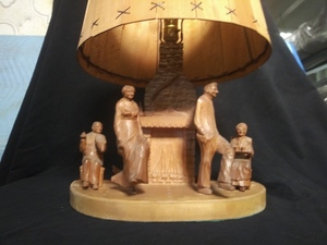 Hand Carved Wooden Lamp Cabin Scene