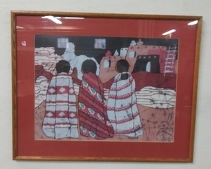 Woodblock print Pueblo scene Ami Goldfarb