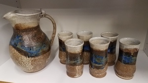 Pottery Pitcher with 6 Matching Glasses