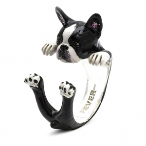 Boston Terrier Enamel & Sterling Silver Hug Ring