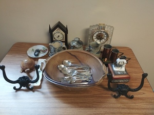 Hodge Podge Lot 8 - Clocks Stoneware & Whatnot