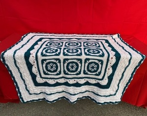 HAND CROCHETED OVERSIZED LAP THROW - TEAL & WHITE