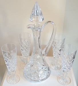 Crystal Decanter, Glasses & Silver Plated Tray