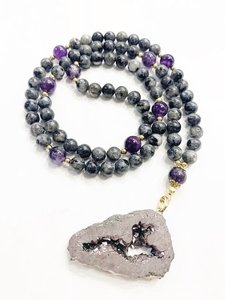 Beaded Mala, geode, larvikite, & amethyst necklace