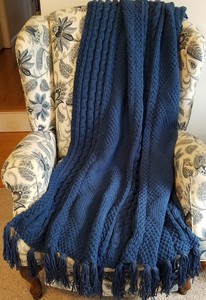 Hand knit blue cable-pattern afghan Item #098