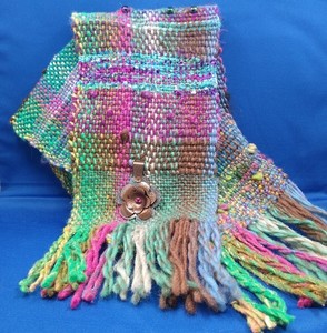 Handwoven Scarf in Teal & Pink w/Beads & Pendant