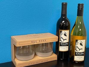 2 bottles of Talon Winery wine and glasses