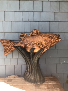 Striped bass chainsaw sculpture, original art.